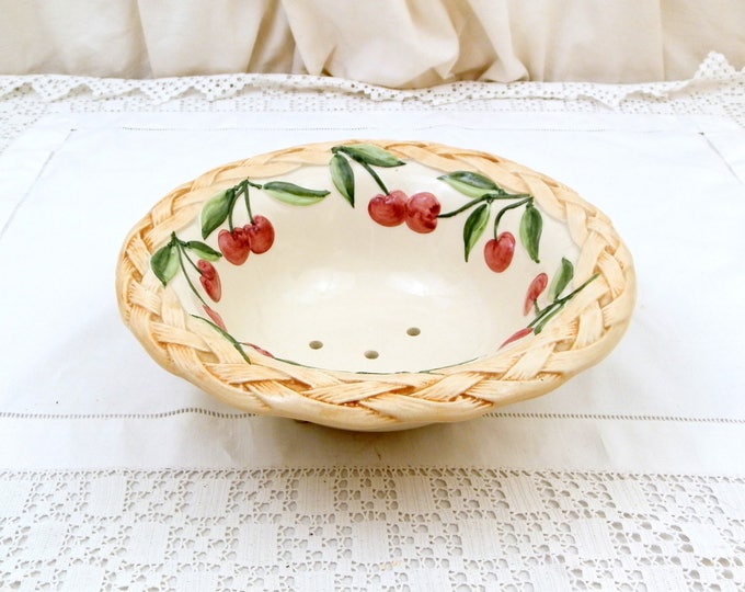 Vintage Majolica Style Pottery Berry Bowl With Cherry Pattern, China Fruit Colander with Basket Motif, Ceramic Strainer Bowl with Holes