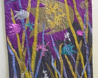 Impressionist Contemporary Art, Fiber Art Wall Hanging, sea turtles, fish and plants mingle in this underwater fantasy