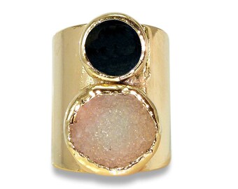 Gemstones Ring, Onyx Ring, Druzy Ring, Statement Ring,Occasion Jewelry Cocktail Black &White Ring,Ancient Style Jewelry, Gold Wide Band Ring