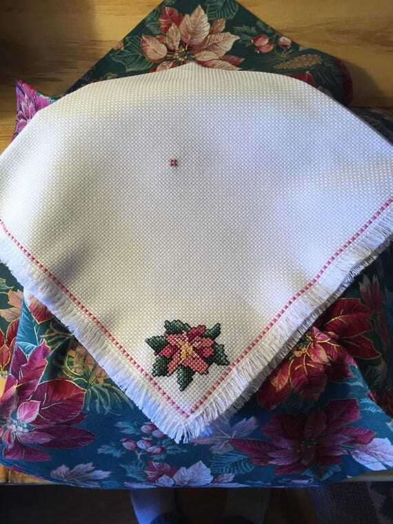 Finished Cross Stitch Bread Basket Liner Holiday Poinsettia