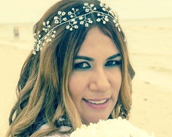Wedding pearl hair vine Bridal hair vine Pearl headpiece Long Hair piece Babys breath headband Silver Halo Pearl Wreath Bohemian Hairpiece
