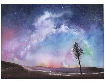 SPACE ART PRINT - watercolor landscape, night sky art, aurora borealis, watercolor universe, watercolor tree, starry night, nebula painting