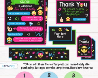 Emoji Party Invitations - Emoji Party Supplies - Emoji Party Favors - Emoji Birthday Invitations - Instant Download - Edit NOW! ArcticParty