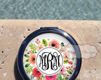 Floral Monogram compact mirror,Personalized Compact Mirror,Custom Compact Mirror,Bridesmaid Gift,Wedding party gift,Gift for her,MB397