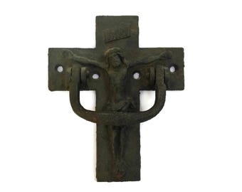 French Antique Crucifix Door Knocker. Solid Cast Iron Hanging Cross. Front Door Decor.