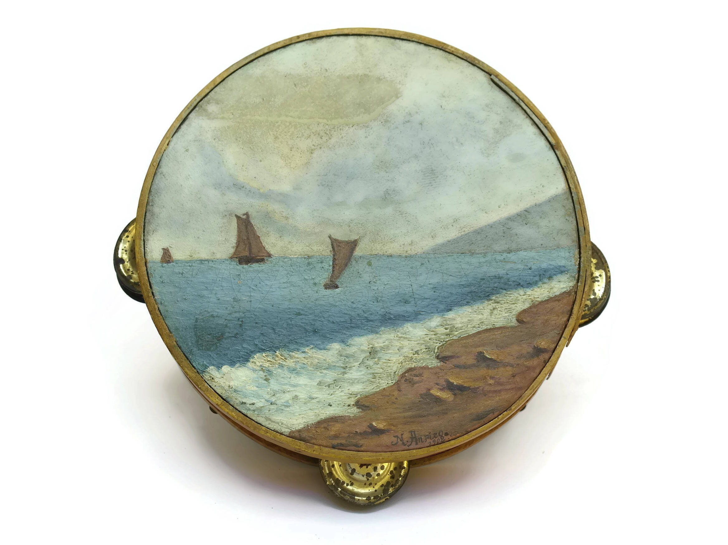 Hand Painted French Antique Tambourine.