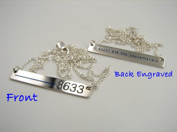 Police wives Blue Line necklace Custom engraved with badge number. Law enforcement thin blue line wives horizontal necklace.