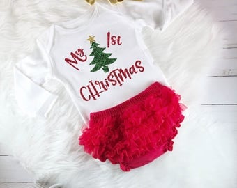 My 1st Christmas Baby Girl Christmas Outfit Baby's First Christmas Gold and Red Glitter Newborn Baby Shower Gift Christmas Bodysuit