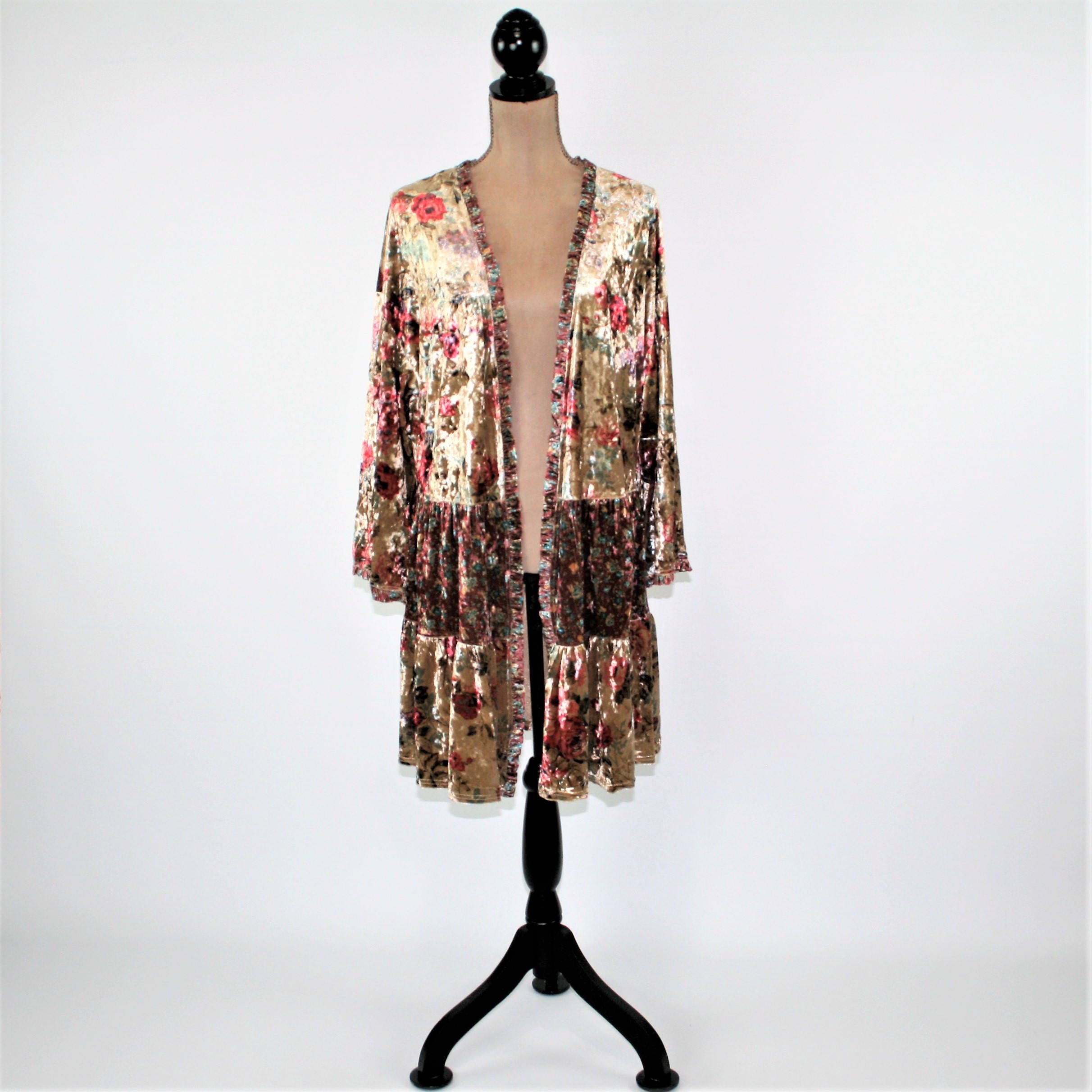 Hippie Boho Clothing Duster Jacket Velvet Floral Kimono