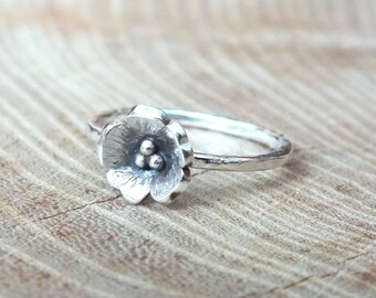 Sterling Silver Flower Ring, Silver Stacking Ring, Simple Silver Ring, Delicate Silver Flower Ring, Silver Poppy Ring, Textured Flower Ring