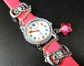 Cartoon Children Watch, Girl's Lether Bracelet Watch, Pink Wristwatch