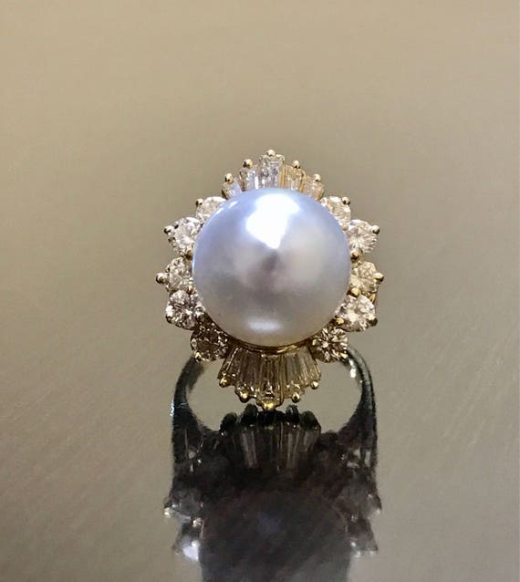 14K Yellow Gold Art Deco Pearl Diamond Engagement Ring Art