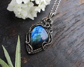 Labradorite pendant Blue pendant Wife gift her wedding gift Silver necklace stone pendant Summer giftWire wrap pendant Wire wrap jewelry