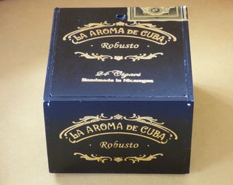 Ashton Cigar Box - La Aroma de Cuba - Clean Wooden Box - Black with Gold Lettering - Clean - Unscented - Upcycle for Shell or Bead Storage