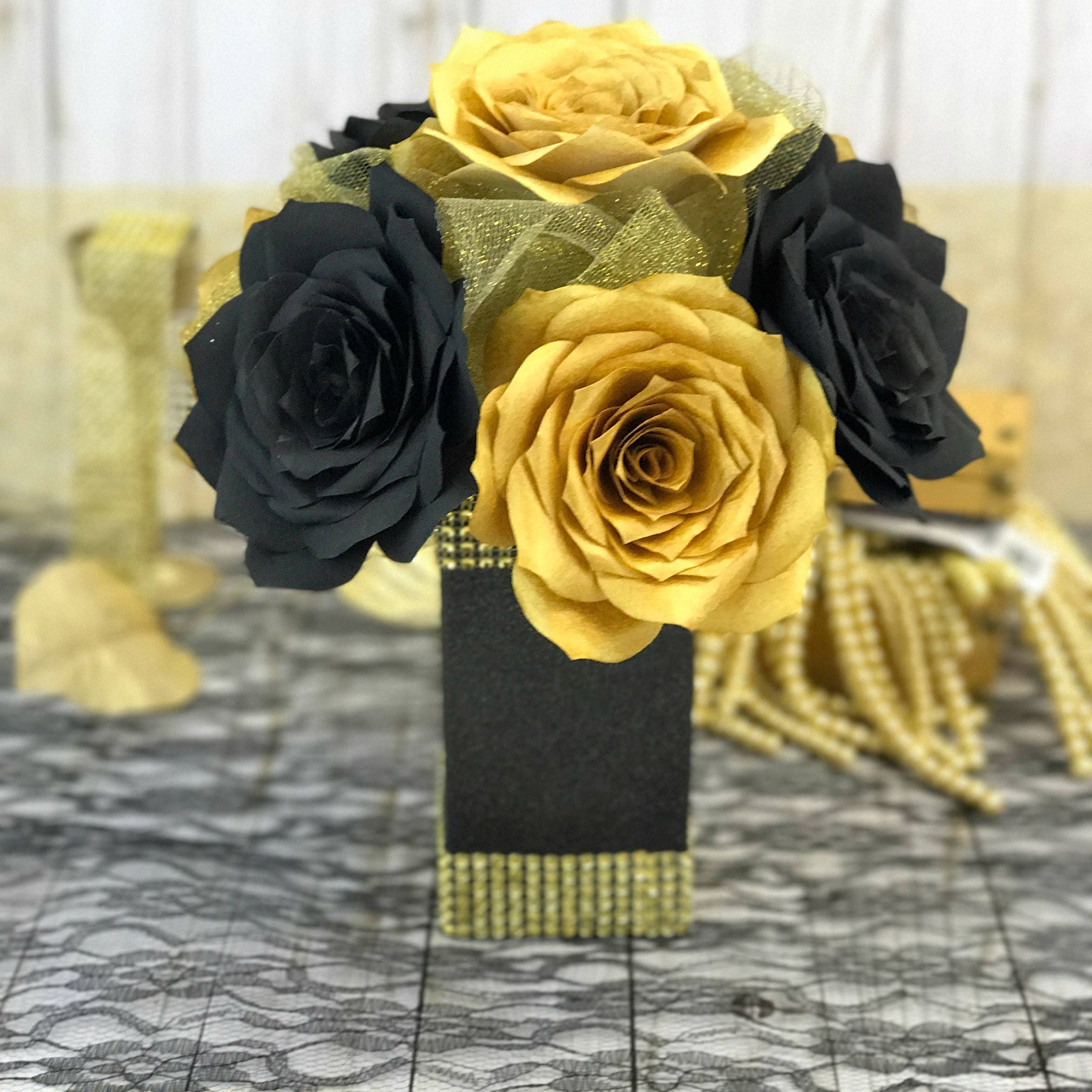 Gold and black floral centerpiece Paper flower table decor