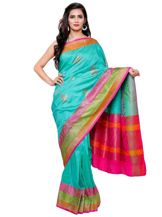 Sea Green Banarasi Silk Saree with Contrast Pink Green