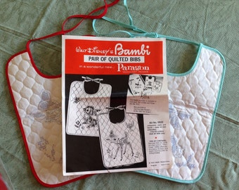Walt Disney's Bambi Quilted Bib Kit, Vintage Paragon Baby Bib Embroidery Kit, Set of 2 Stamped Bibs Babmbi and Thumper