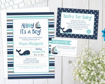 NAUTICAL BABY SHOWER Invitation | Digital | Invite with whale, sailboat, anchor, ship, boat, under the sea, stripes | Baby Boy | diy print