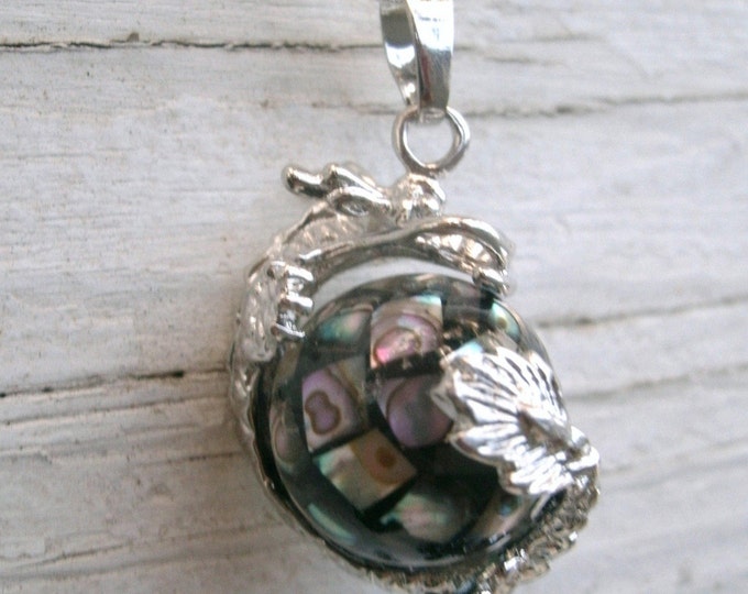 Dragon Wrapped Abalone Shell Sphere Pendant Necklace, silver dragon, wraps around and holds Paua Shell ball, fantasy, dragon lovers,