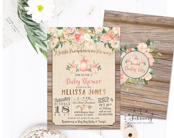 Peach and Gold Pumpkin Baby Shower Invitation Rustic Fall Baby Shower Invite Little Pumpkin on The Way Printable OR Printed No.1505BABY