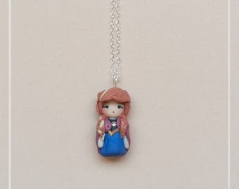 Anna Frozen Disney Princess Mini Fimo Dolls Chibi Kawaii Necklace-The snow queen Kingdom Ice Silver Handmade Polymer Clay
