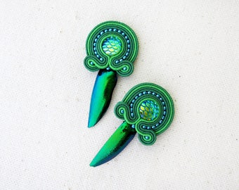 Green earrings Beetle jewellery Mermaid earrings Soutache Bohemian gift Gypsy earrings Biology gift Beetle earrings Birthday gift for sister