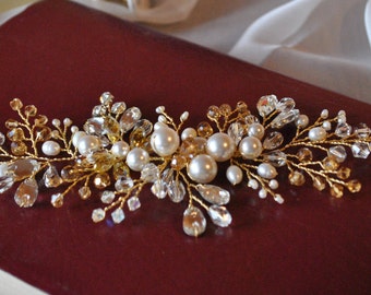 Gold Bridal Wedding Headpiece Vine Pearl Crystal Hair Comb Hair Piece Princess Hair Clip Bridal Adornment Bohemian Wedding Accessories Halo