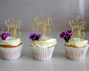 Sweet 16 Cupcake Topper, Glitter Topper, Cake Decoration, Glitter, Party Decoration, Gold, Birthday, 16th Birthday, Sixteen, Sixteenth