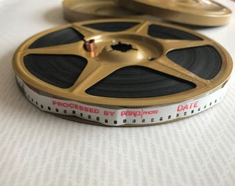 Vintage Compco 8mm movie film reel and case, metal, industrial, vintage, bronze canister