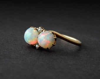 Double Opal Ring with Seed Pearls: 10k yellow gold Victorian ring, size 7.5, high dome gemstone ring, 1900s antique jewelry, claw prongs