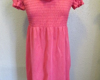 1970s Heather Red Smocked Mini Dress with puff sleeves