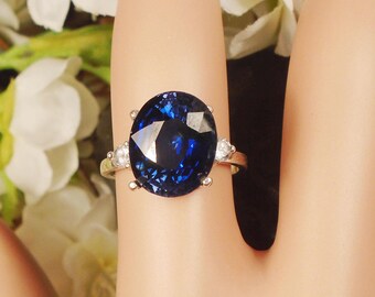 Dark Navy Blue Sapphire Ring, September Birthstone, Solid Sterling Silver, 7.17 Ct Facet 12.1 x 10 mm Natural Clear Royal Blue Sapphire