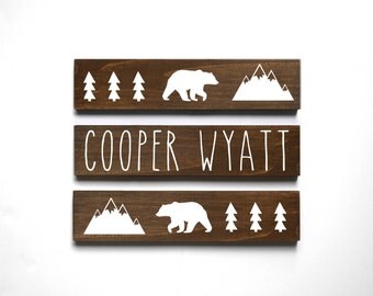 Woodland Nursery Decor, Mountain Nursery Decor, Personalized Baby Gift, Baby Bear Nursery Decor, Baby Name Sign, SET OF 3 SIGNS