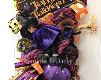 Deco Mesh Halloween Witch Wreath, Halloween Wreaths for front door, Halloween Decor, Door Hanger, Fall Swag, Witch Hat, Witch Door Decor