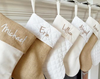 Christmas Stocking. Personalized Christmas Stocking. 6 Styles Christmas Stockings. Natural Burlap, Ivory Cream Quilted Christmas Stockings