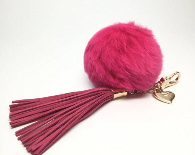Pink 9 cm rex Rabbit fur pom pom ball keychain or bag pendant with heart charm leather tassel hot pink