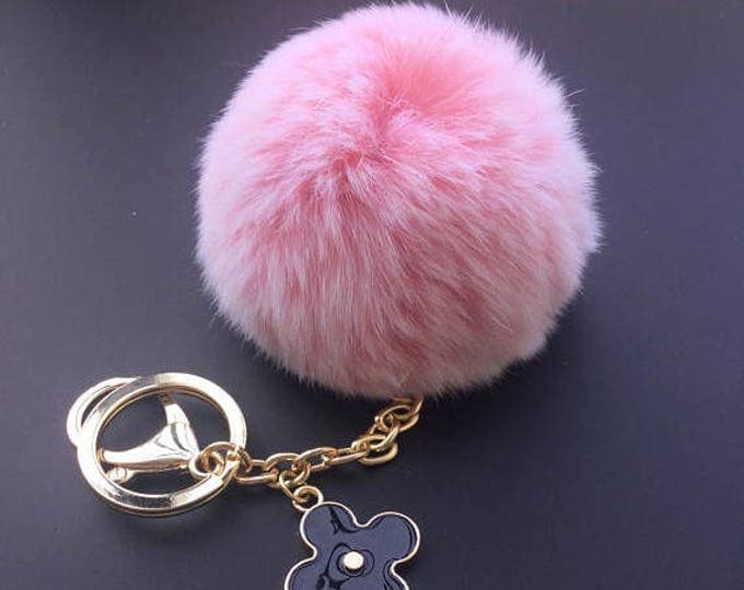 Frosted Pink Rabbit fluffy ball furkey fur ball pom pom keychain for car key ring Bag Pendant