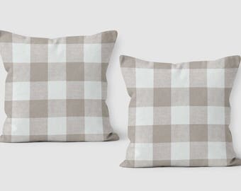 Set of 2 - Beige Check Pillow - Buffalo Check Pillow - Plaid Throw Pillow Cover