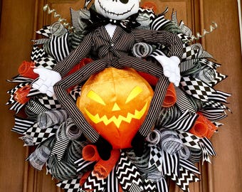 Sale! Jack Skellington Wreath, Nightmare Before Christmas Wreath, Pumpkin King Wreath, Halloween Wreath, Jack Skellington Door Hanger
