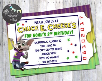 Chuck E. Cheese Birthday Party Invitation for Chuck E. Cheese Party Invites with Chuck E. and Tickets Digital Invite
