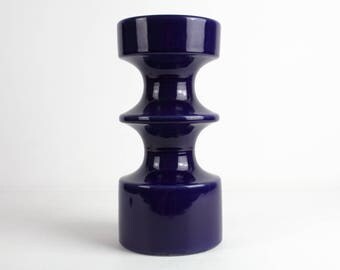 70s tall blue vintage ceramic candle holder by Steuler, west German pottery, Germany, Mid Century