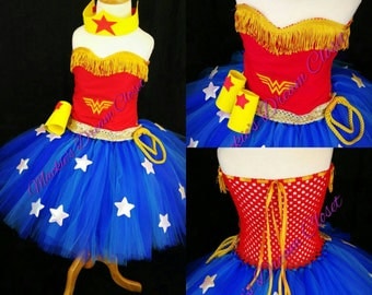 Baby girl toddler wonder woman tutu dress Halloween costume arm and headpiece set embroidery sleeveless red blue white stars newborn 1-10 y