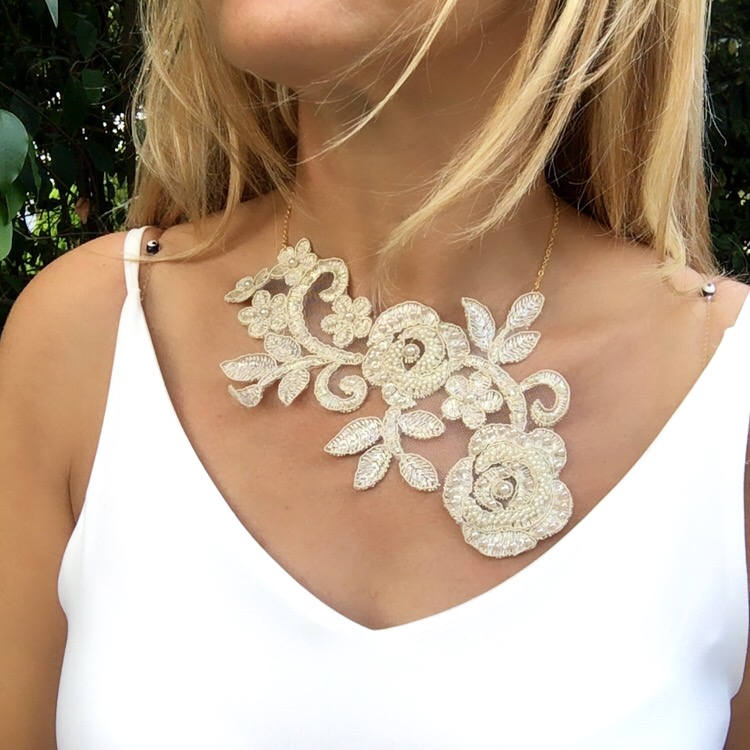 Statement Necklace Bridal Jewelry Lace Flowers gift for her