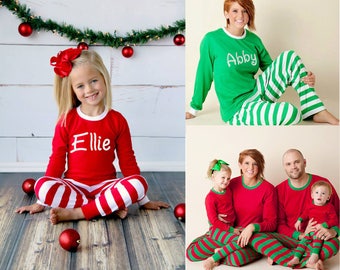 Personalized Christmas Pajamas - Embroidered Monogram Christmas Pj's - Red and White Stripe Christmas Pajamas for the family