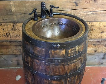 Rustic Whiskey Barrel Bathroom Vanity with Copper Sink Vanity with Antique Waterfall Faucet