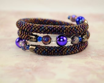 Petrol bead crochet bracelet beaded jewelry women rope beadwork round bangle handmade seed Ukrainian valentine gift for her love bright boho