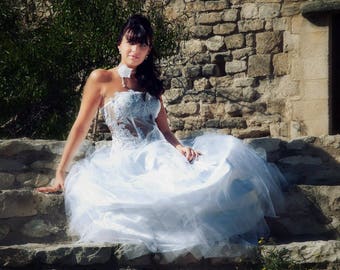 wedding dress "transparent" white tulle and lace