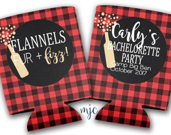 Flannels, Fur and Fizz Buffalo Plaid Bachelorette Party Coolies/Wedding Hugger/Beverage Insulator - Flannel Coolers