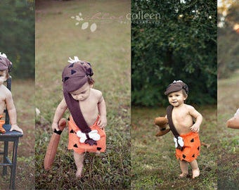 6 - 12 months bam bam baby Boy Halloween Costume comes with Hat and Club babies Halloween Costume FAST SHIPPING Contest Winner !