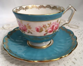 Aynsley Bone China Tea Cup and Saucer, Turquoise Blue with Pink Roses, Gold Gilding and Trim